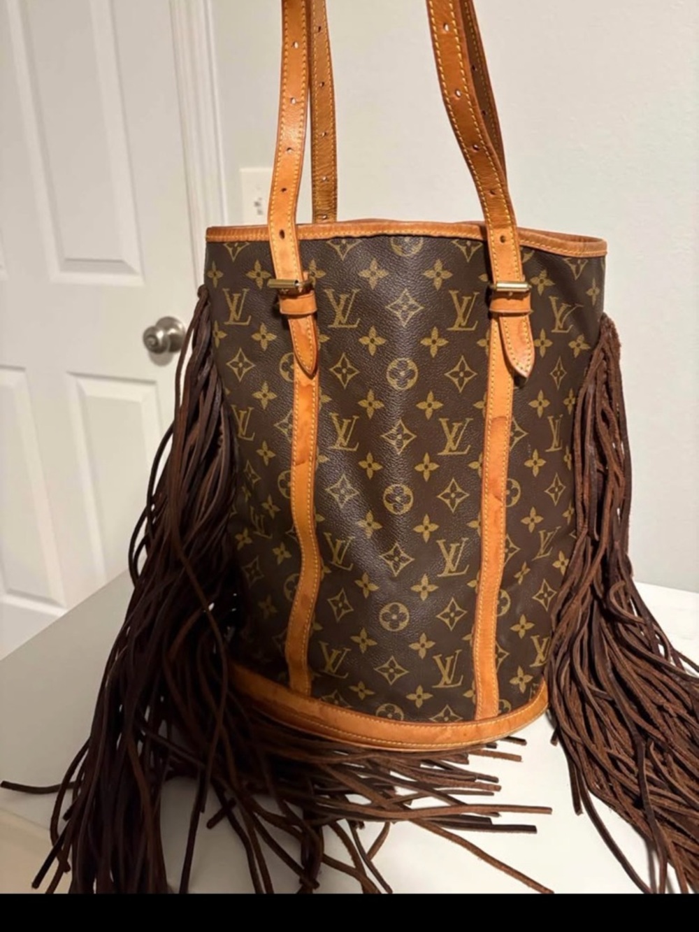 Louis Vuitton Brown Monogram Fringe Tote with Tan Trim